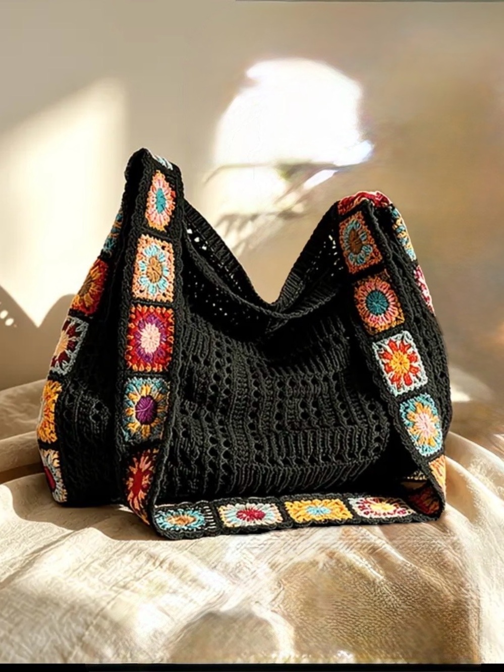 Black Crochet Shoulder Bag with Multicolor Granny-Square Trim